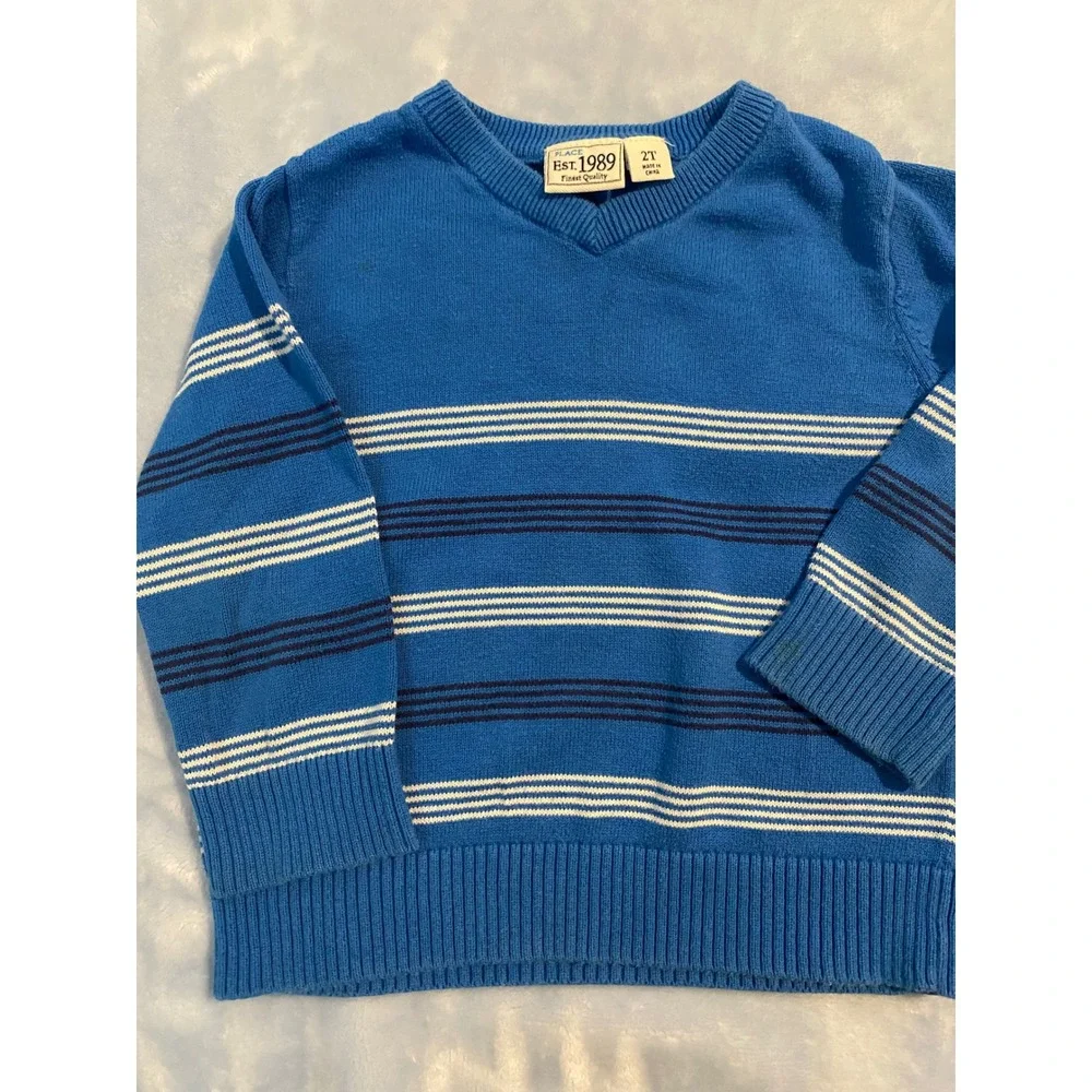 The Childrens Place Boys 2T Sweater Lot 2 Blue V-Neck Striped Solid Pullovers